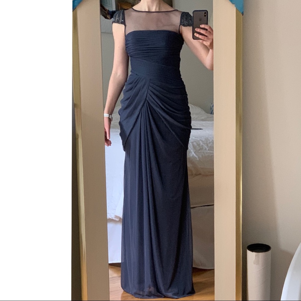 Gown w mesh yoke, beaded cap sleeves, tulip